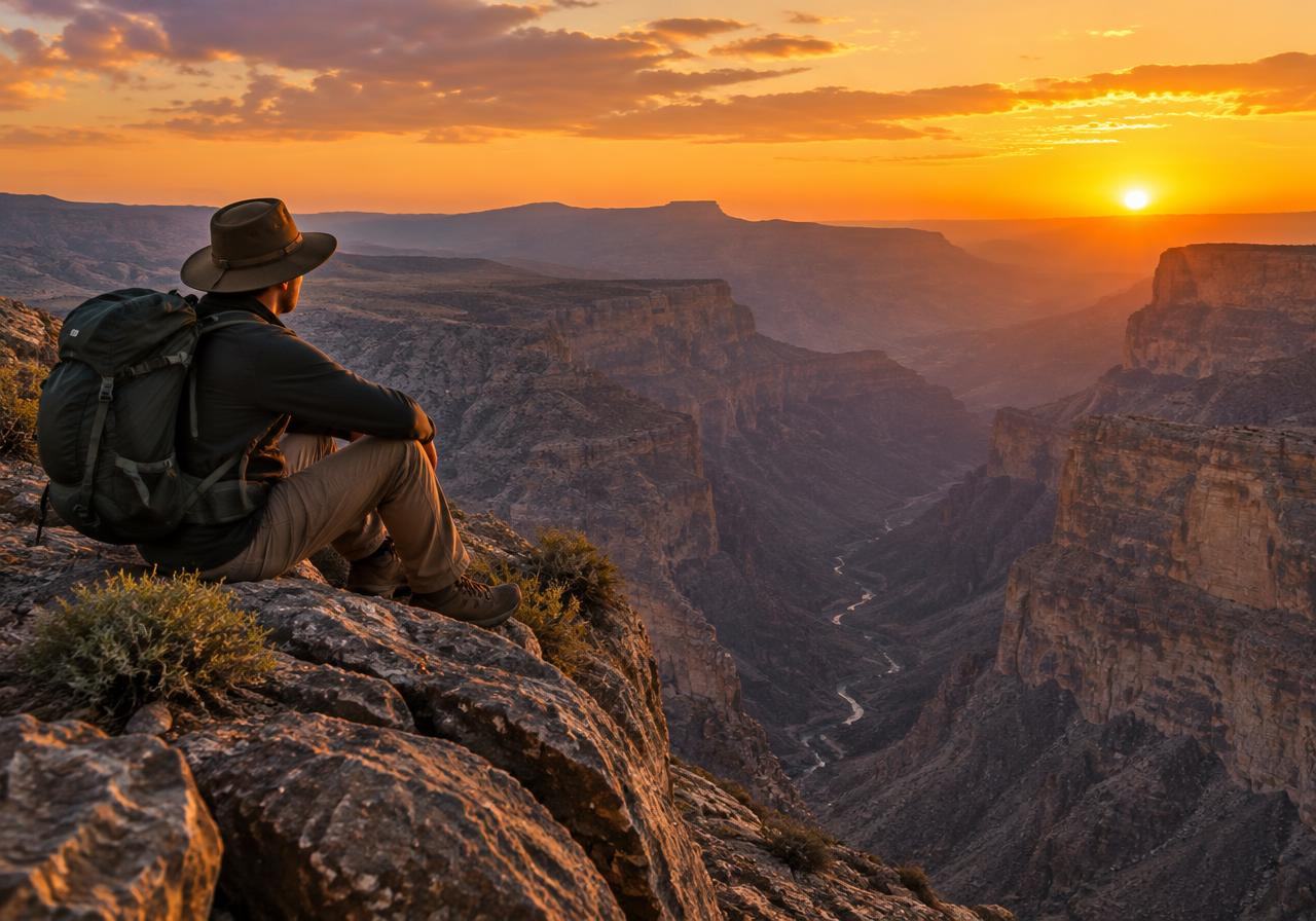 Traveller overlooking the mountains of Jebel Shams, Oman, at golden hour