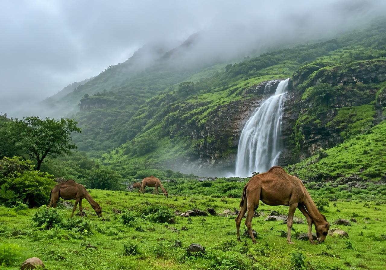 Green misty hills of Salalah during khareef season