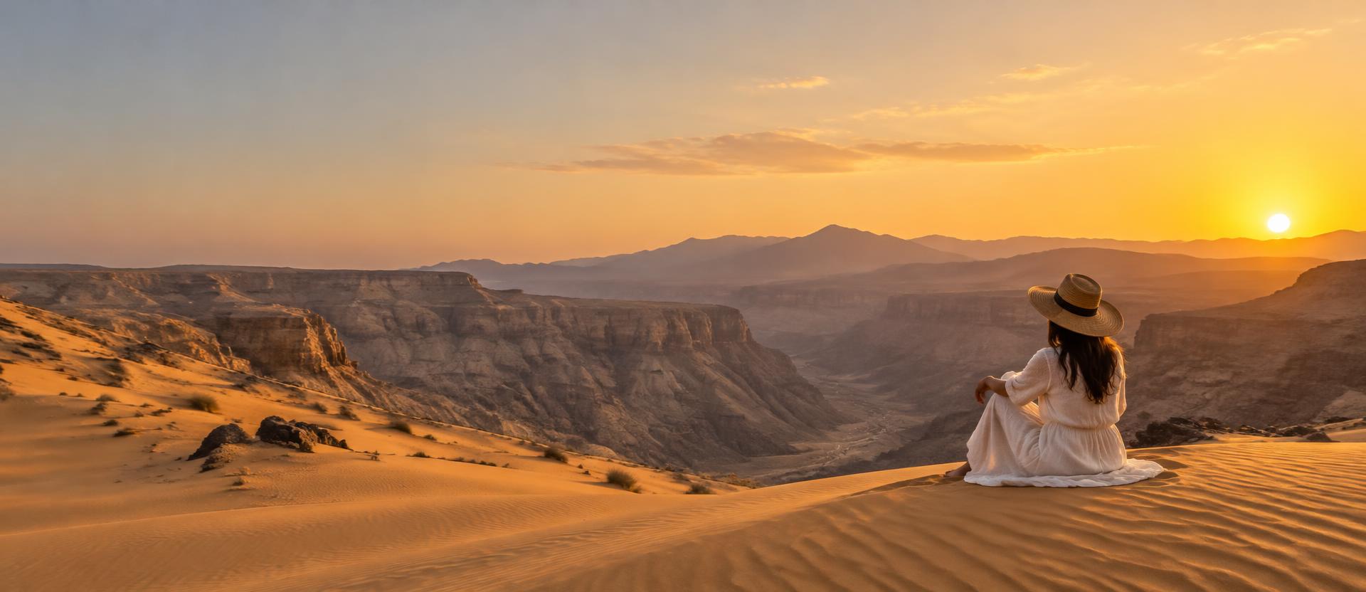 Traveller sitting on a golden dune overlooking Oman's canyons at sunset