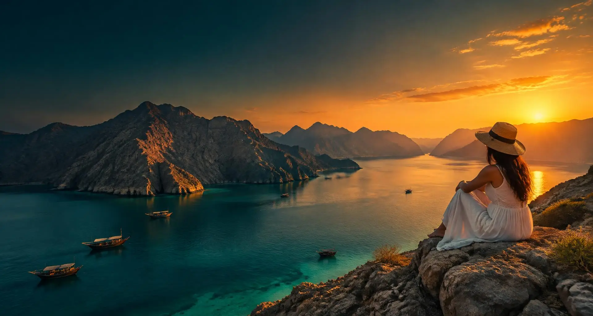 Traveller overlooking the Musandam fjords of Oman at sunset