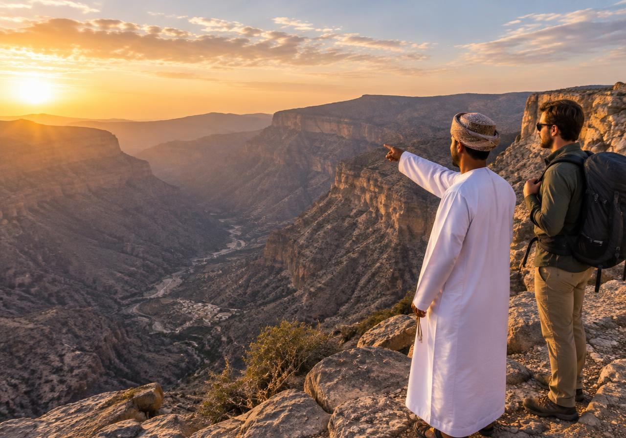 Omani guide showing a traveller the canyon at Jebel Shams