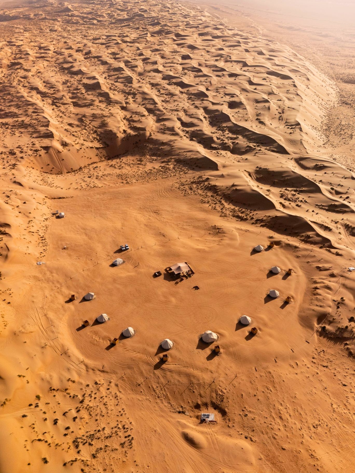 Aerial view of Twilight Dunes desert camp